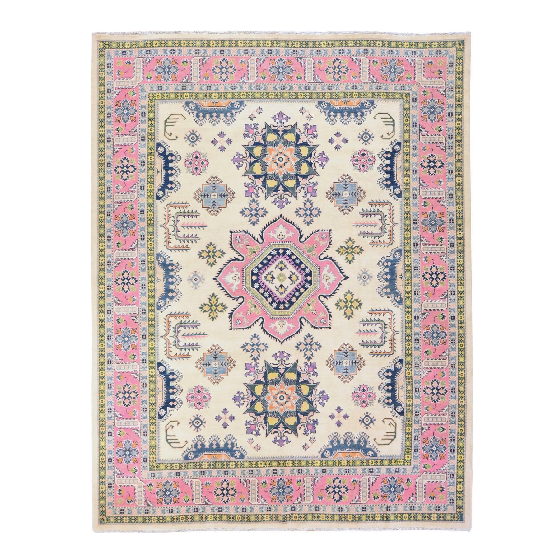 Swan White, Fusion Kazak with Flower Medallions Design, Natural Wool, Hand Knotted, Oriental Rug